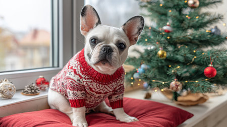 A charming French Bulldog dressed in a red and white holiday sweater sits on a red cushion, with a decorated Christmas tree and window in the background.の素材
