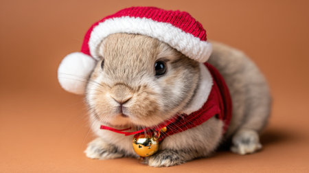 A small, fluffy bunny dressed in a festive Santa hat and red scarf, complete with a golden bell, sits against a warm brown background.の素材