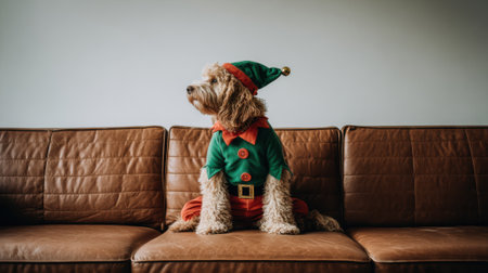 A fluffy dog wearing a green elf costume with a red collar and hat sits on a brown leather couch, looking to the side.の素材