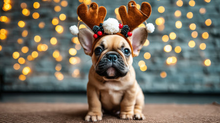 A charming French Bulldog puppy sits adorned with festive reindeer antlers, set against a backdrop of twinkling bokeh Christmas lights, embodying holiday spirit.の素材