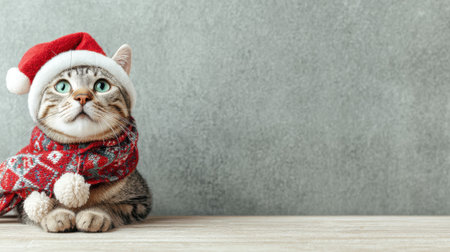 A charming tabby cat dressed in a festive Santa hat and a red scarf sits patiently, looking upwards with wide eyes, against a textured gray background.の素材