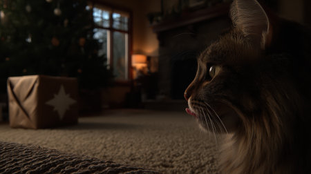 A fluffy Maine Coon cat sits on a carpeted floor, looking intently towards a decorated Christmas tree and wrapped gifts in a dimly lit, cozy room.の素材