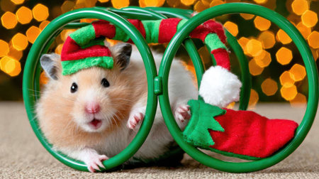 A fluffy hamster dressed in festive Christmas attire, including a hat and scarf, peeking out from a green toy wheel with a bokeh background of Christmas lights.の素材