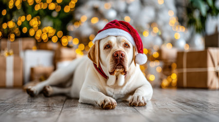 An adorable yellow Labrador Retriever dog wearing a Santa hat lies on the floor in front of a decorated Christmas tree and wrapped gifts.の素材