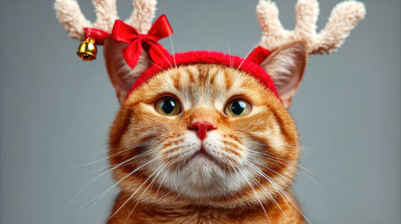 A close-up studio portrait of an adorable orange tabby cat adorned with festive reindeer antlers and a red bow, looking directly at the camera with wide, curious eyes.の素材