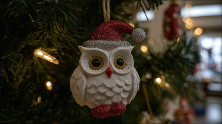 A close-up of a charming owl-shaped Christmas ornament with a Santa hat, adorned on a festive tree with twinkling lights.の素材
