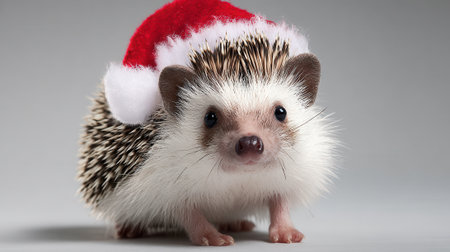 A small, adorable hedgehog is dressed in a festive Santa hat, ready for the Christmas holidays. The hedgehog has a cute face and is looking forward.の素材