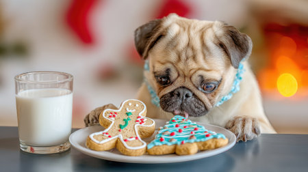 A charming pug dog is about to eat festive Christmas cookies next to a glass of milk, creating a heartwarming holiday scene.の素材