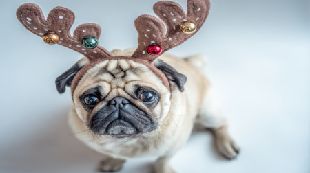 A charming pug dog looking up with big eyes, adorned with festive reindeer antlers, ready for holiday cheer.の素材