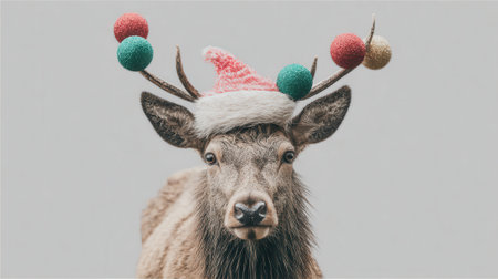 A close-up portrait of a deer with a festive Christmas hat and antlers adorned with colorful ornaments, looking directly at the camera.の素材