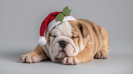A charming English Bulldog puppy is fast asleep, adorned with a festive Santa hat, embodying the spirit of the holiday season.の素材