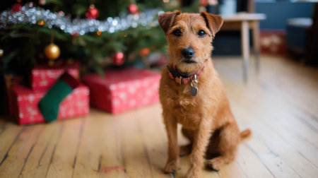 A charming Irish Terrier dog sits patiently on a wooden floor next to a festive Christmas tree adorned with ornaments and lights, surrounded by wrapped gifts.の素材