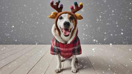 A happy dog dressed as a reindeer for Christmas, sitting on a wooden floor with falling snow.の素材