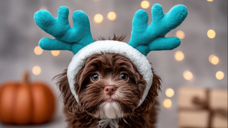 A small, fluffy brown puppy with big eyes wears teal reindeer antlers on a white headband. A blurred orange pumpkin is to the left, and bokeh lights create a festive background.の素材