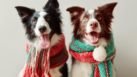 Two adorable border collies with their tongues out, wearing colorful Christmas scarves, looking at the camera with happy expressions.の素材
