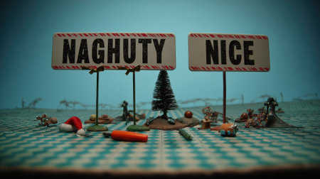 A whimsical miniature scene featuring two signs, one reading Naghuty and the other Nice, surrounded by tiny trees and festive decorations.の素材