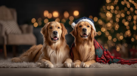 Two adorable Golden Retrievers wearing a Santa hat and wrapped in a blanket, posing in a cozy living room with a decorated Christmas tree and bokeh lights.の素材