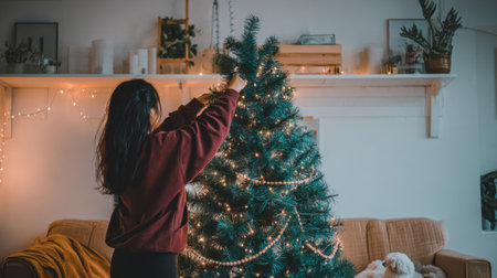 A young woman with long dark hair is decorating a Christmas tree with lights in a cozy living room setting.の素材