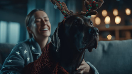 A happy young woman in pajamas smiles while holding a large dog wearing festive antlers, indoors with bokeh lights in the background.の素材