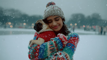 A young woman wearing a winter hat and colorful sweater embraces her pug dog, which is dressed in a red coat, while snow falls gently around them.の素材