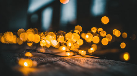 Soft, glowing golden bokeh lights create a magical atmosphere on a rustic wooden surface, perfect for festive or cozy themes.の素材