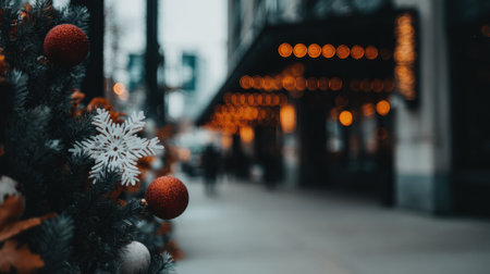 A festive Christmas tree ornament, a delicate snowflake, is in sharp focus, while the background of a city street with glowing lights is softly blurred.の素材