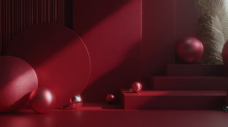 A minimalist composition of red geometric forms and spheres, bathed in dramatic light and shadow, creating an abstract and modern aesthetic.の素材