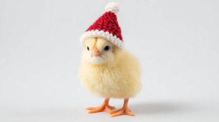 A cute, fluffy yellow chick stands against a plain white background, sporting a small, red knitted Santa hat with a white pom-pom.の素材