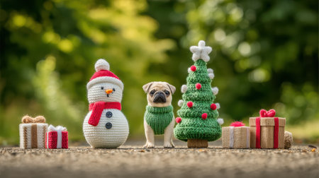A charming Christmas scene featuring a pug dog, a snowman, a decorated tree, and wrapped gifts, set billboards with a blurred green background.の素材