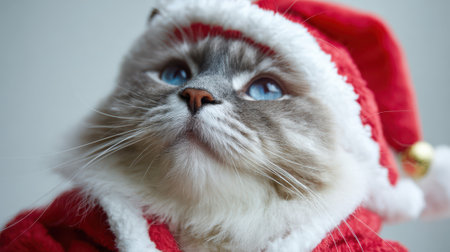 A close-up portrait of a fluffy cat with blue eyes dressed in a Santa Claus costume, looking upwards with a curious expression.の素材