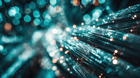 Detailed abstract view of illuminated fiber optic cables, showcasing a vibrant blue and teal glow with soft, out-of-focus bokeh lights.の素材