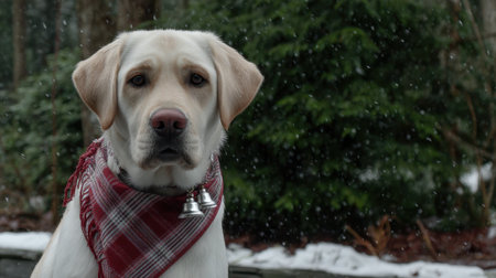 A close-up portrait of a yellow Labrador Retriever dog looking directly at the camera with a slightly sad expression. The dog is wearing a red and white plaid bandana with a silver bell attached.の素材