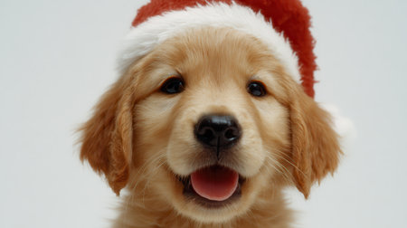 Close-up portrait of a cute Golden Retriever puppy with a festive Santa hat, perfect for holiday themes.の素材