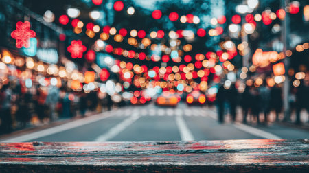 A bokeh effect of colorful festive lights illuminates a street at night, with blurred silhouettes of people visible.の素材