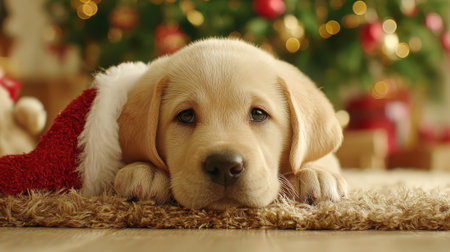 A cute yellow Labrador puppy lies on a soft rug, wearing a Santa hat, with a decorated Christmas tree in the background, evoking a warm holiday spirit.の素材