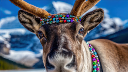 A close-up shot of a reindeer face, adorned with colorful beads on its head and neck, set against a backdrop of snow-covered mountains.の素材
