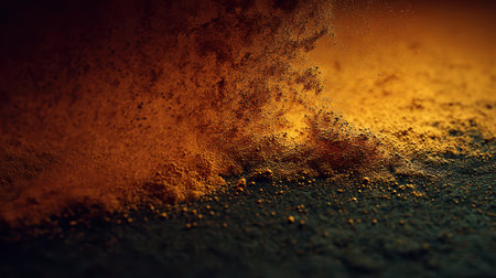 Close-up abstract view of swirling orange and yellow dust particles against a dark background, creating a sense of energy and motion.の素材