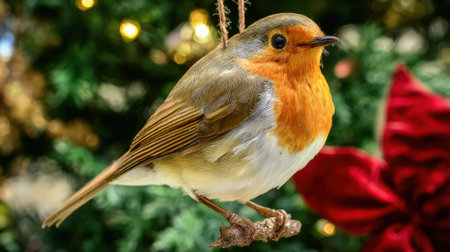 A close-up of a realistic robin bird ornament, a symbol of Christmas, suspended on a decorated Christmas tree.の素材