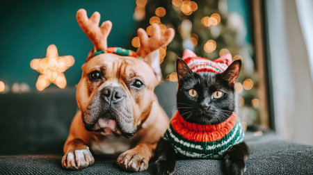 A heartwarming image of a dog wearing reindeer antlers and a cat in a festive sweater, posing together with a decorated Christmas tree in the background.の素材