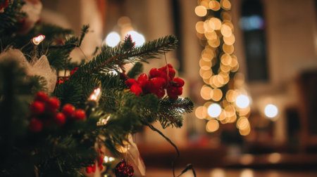 A festive close-up of a Christmas tree branch adorned with red berries and twinkling lights, set against a soft bokeh background of warm lights.の素材
