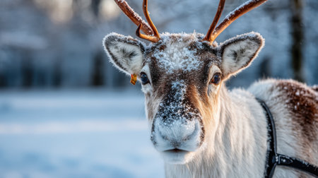 A detailed close-up of a reindeer face, covered in frost and snow, set against a blurred winter forest background.の素材