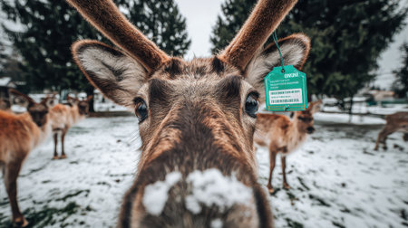 A reindeer looks directly at the camera in a snowy environment, with another reindeer in the background.の素材