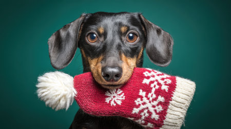A charming black and tan dachshund dog poses with a red and white knitted scarf featuring snowflakes in its mouth, set against a teal background.の素材