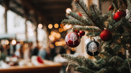 A festive Christmas tree adorned with red ornaments and soft, blurred lights creating a warm and inviting atmosphere.の素材