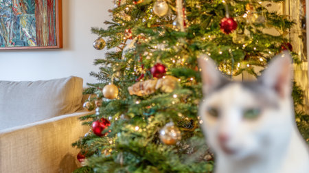 A playful cat sits in front of a beautifully decorated Christmas tree, with warm lights and ornaments.の素材