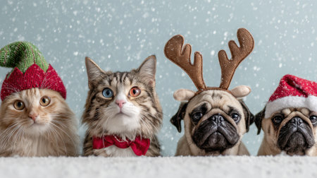 A group of adorable pets, including cats and pugs, dressed in festive Christmas costumes like Santa hats and reindeer antlers, against a snowy background.の素材