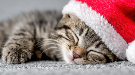 A close-up shot of a tabby kitten asleep, wearing a red and white Santa hat. The kitten looks very comfortable and cozy.の素材