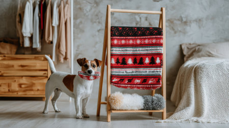 A small, adorable Jack Russell Terrier dog with brown and white markings stands on a wooden floor next to a wooden blanket rack. The rack holds several colorful, patterned blankets. In the background, a bed with white linens and a wooden dresser are visible, suggesting a warm and inviting bedroom setting.の素材
