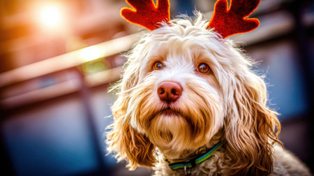 A fluffy dog with a festive touch, wearing reindeer antlers, looking forward with a gentle expression.の素材