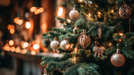 A festive and cozy Christmas tree adorned with ornaments and twinkling lights, creating a warm and inviting atmosphere.の素材
